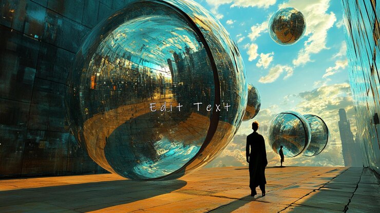 PSD futuristic cityscape reflected in giant spheres two figures observe