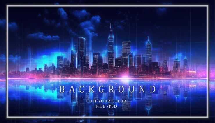 PSD 閃耀的霓虹燈的未來城市風景