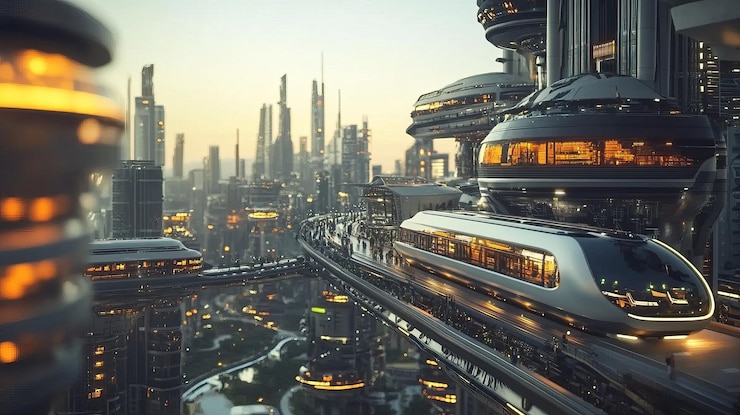 PSD futuristic cityscape with train