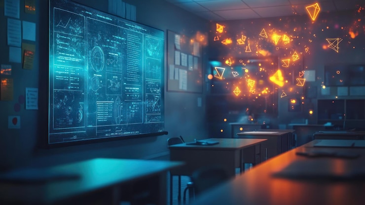PSD a futuristic classroom with glowing geometric shapes floating in the air