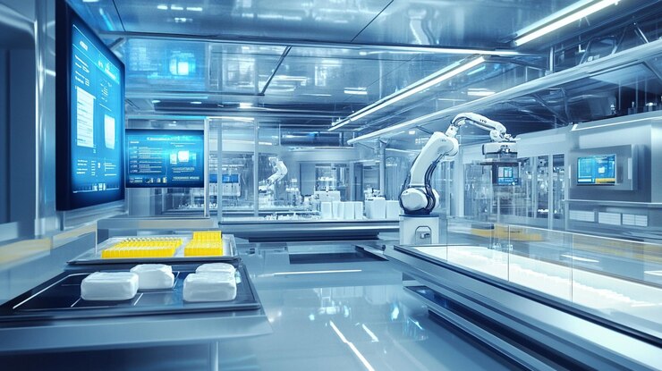 PSD futuristic cleanroom laboratory with robotic arm monitors and hightech equipment