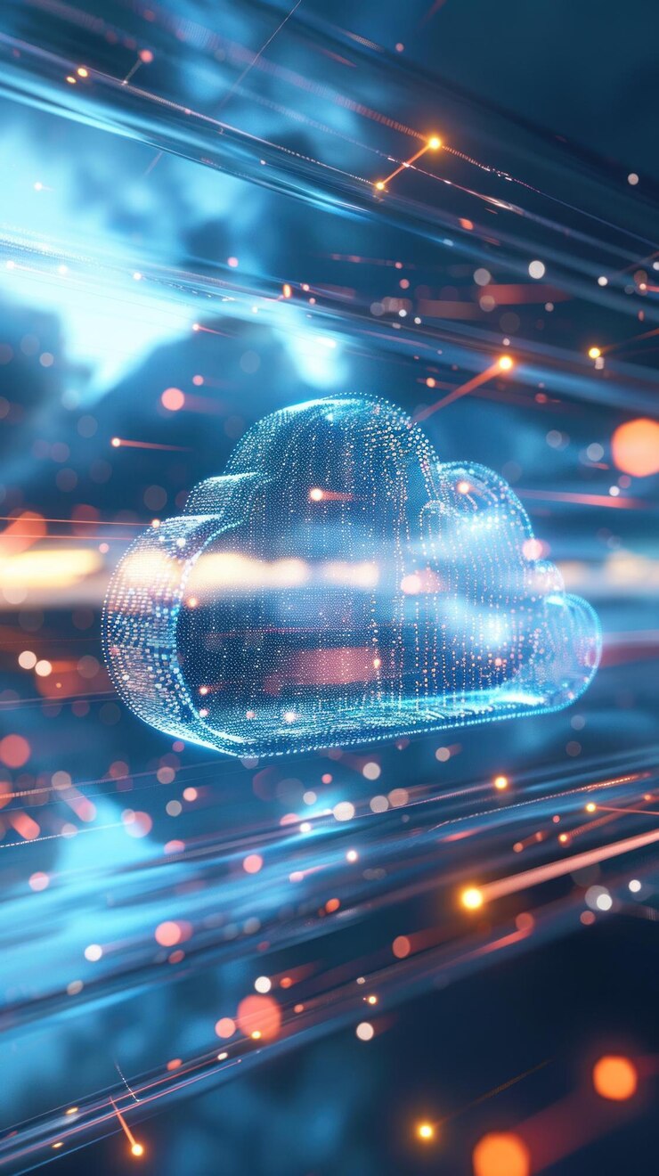 PSD futuristic cloud computing concept with glowing digital data streams