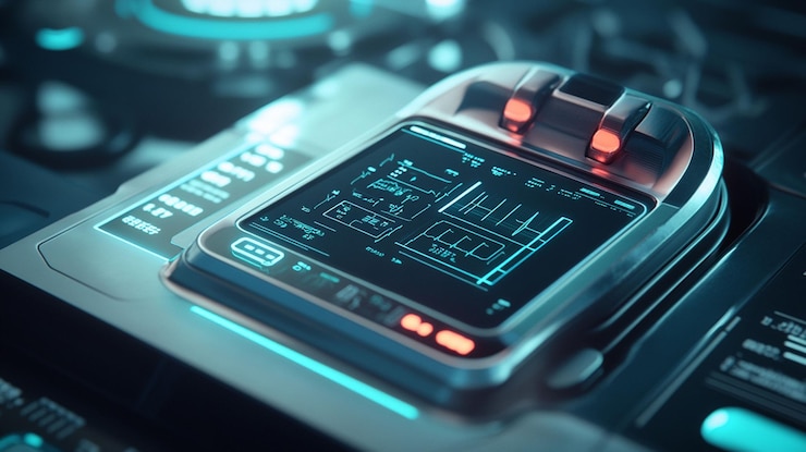 PSD futuristic control panel with digital display showing technical data and graphs
