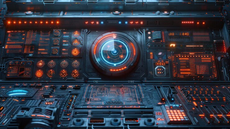 PSD futuristic control panel with glowing lights and digital displays