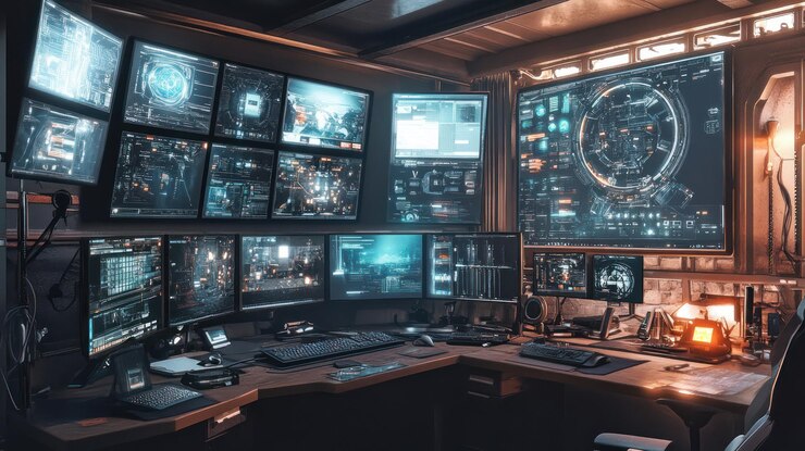 PSD futuristic control room with multiple monitors displaying data and interfaces