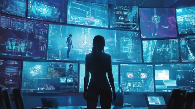 PSD futuristic control room with multiple screens