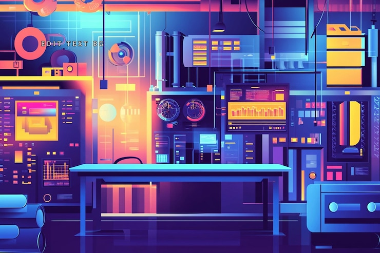 PSD futuristic control room with vibrant displays and technological equipment