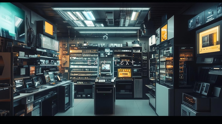 PSD futuristic convenience store interior at night