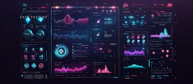 PSD futuristic cryptocurrency dashboard displaying realtime market data charts and graphs