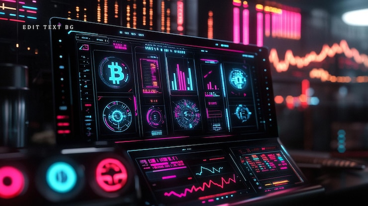 PSD futuristic cryptocurrency dashboard displays bitcoin price charts and market data on a computer screen