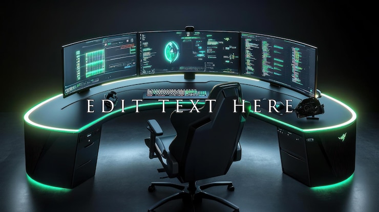 PSD futuristic curved gaming desk setup with triple monitors displaying code gaming chair and neon green lighting