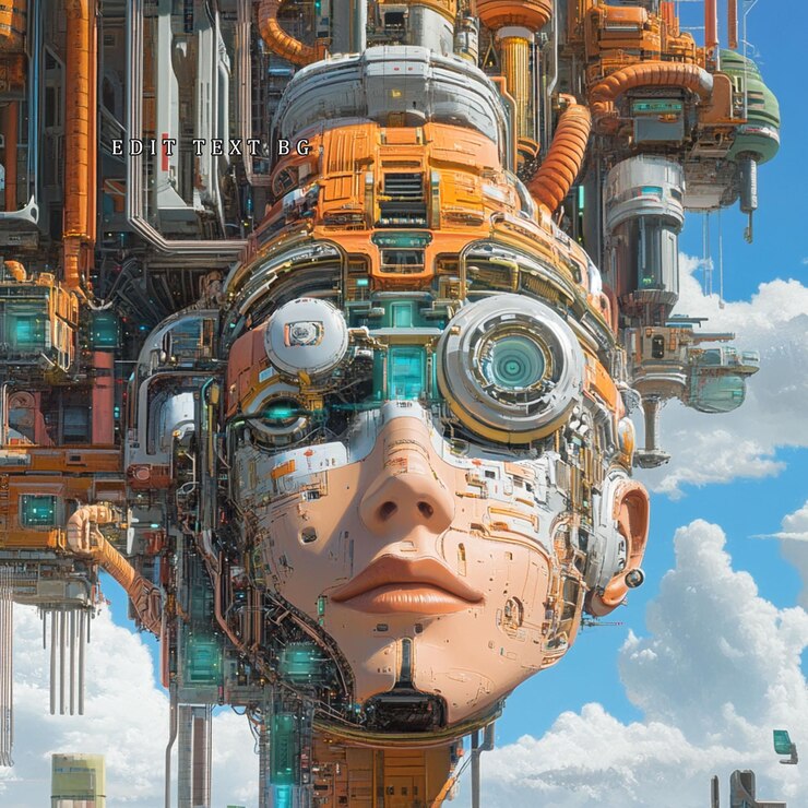 PSD futuristic cyborg head intricate machinery vibrant colors cloudy sky