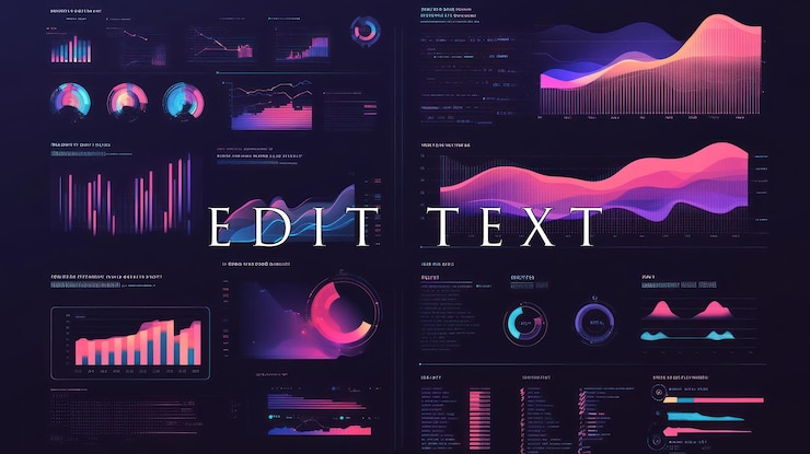 PSD futuristic dashboard displaying various data visualizations charts and graphs with vibrant color gradients on a dark background