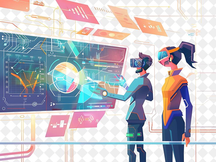 PSD futuristic data analyst with characters analyzing data on ho png people in daily work illustration