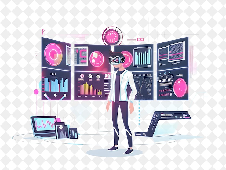 PSD futuristic data analyst with characters analyzing data on ho png people in daily work illustration