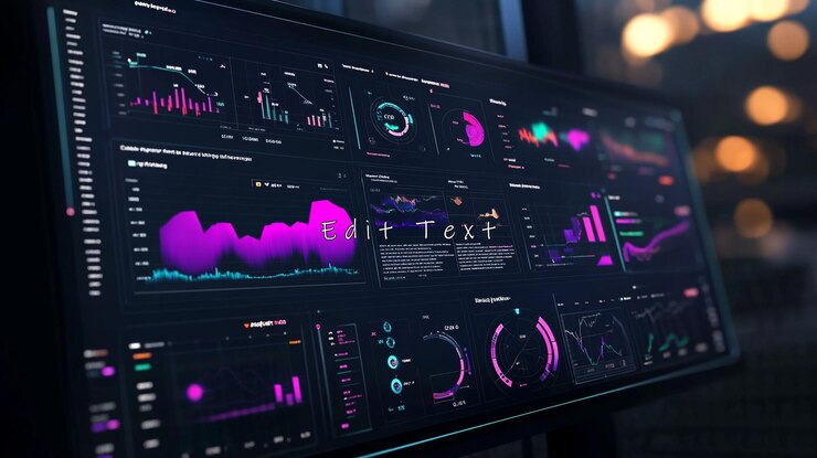 PSD futuristic data analytics dashboard on a large screen displaying various charts and graphs
