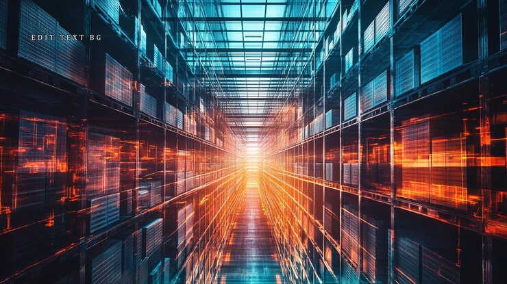 PSD futuristic data center with glowing servers and racks