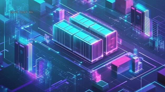 Futuristic data center with glowing shipping containers representing digital infrastructure and cloud computing