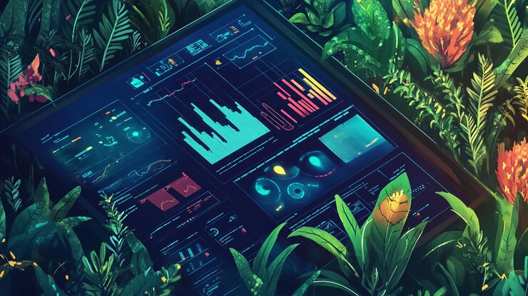 PSD futuristic data dashboard display amidst lush tropical foliage