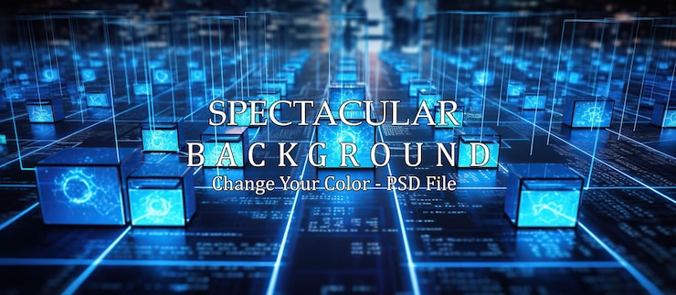 PSD futuristic data grid with neon cubes in a digital space