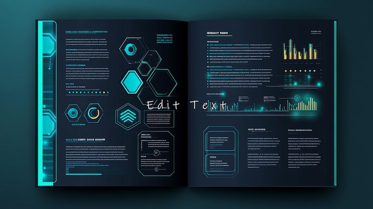 PSD futuristic data report with charts and graphs in open book