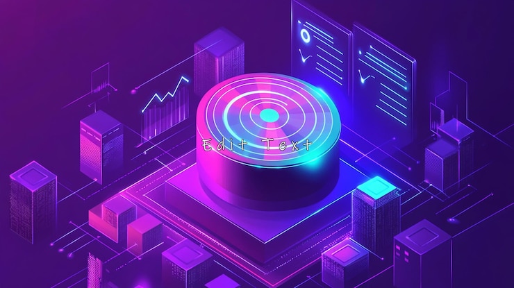 PSD futuristic data server with glowing interface and charts