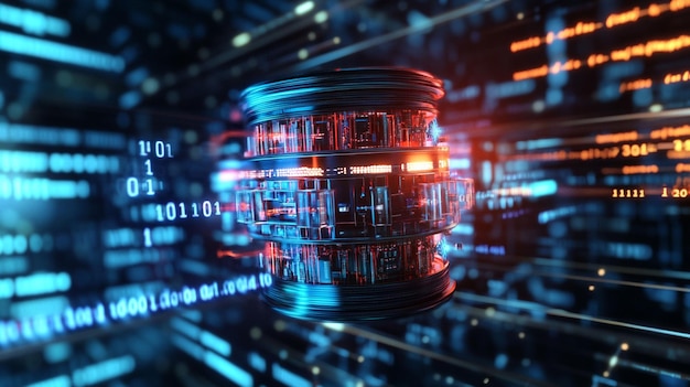 Futuristic data storage cylinder with binary code in a digital space