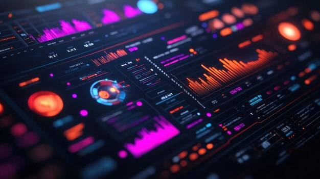 Futuristic digital dashboard displaying various data metrics charts and graphs with vibrant color schemes