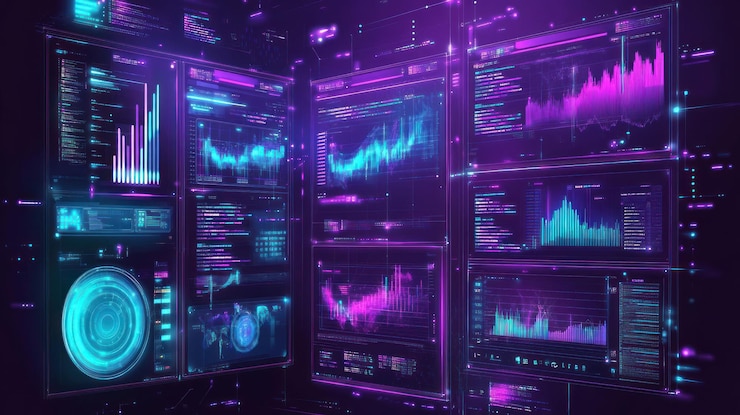 PSD futuristic digital dashboard with glowing graphs charts and data visualizations