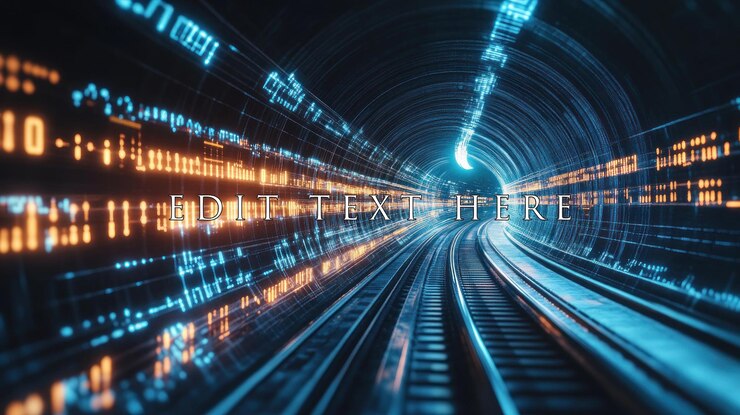 PSD futuristic digital data tunnel with glowing rail tracks