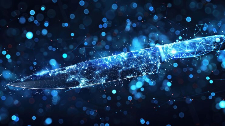 PSD a futuristic digital illustration of a knife made of glowing blue lines on a dark background with blue bokeh lights