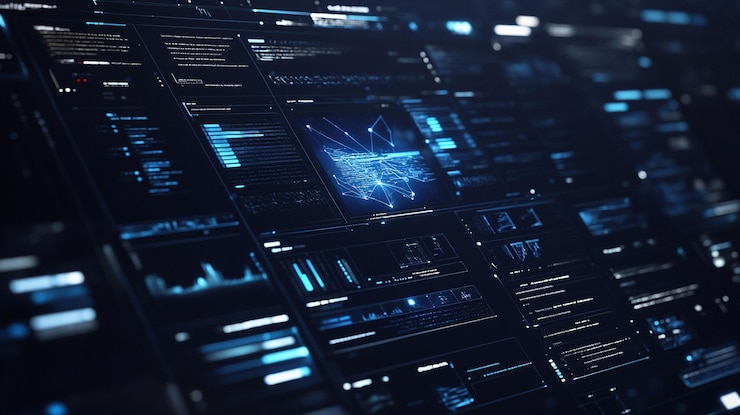 PSD futuristic digital interface with glowing blue data streams and network graphs on a dark background