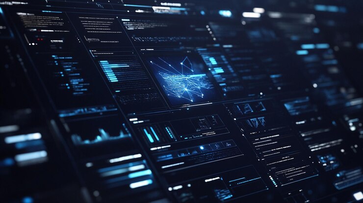 PSD futuristic digital interface with glowing blue data streams and network graphs on a dark background