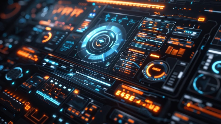 PSD futuristic digital interface with glowing blue and orange elements