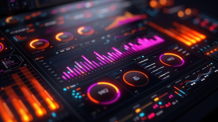 PSD futuristic digital interface with glowing charts and graphs displaying data analysis