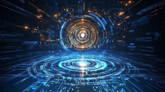 futuristic digital interface with glowing circles and data streams