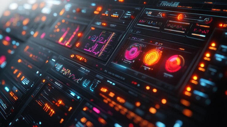 PSD futuristic digital interface with glowing icons and graphs