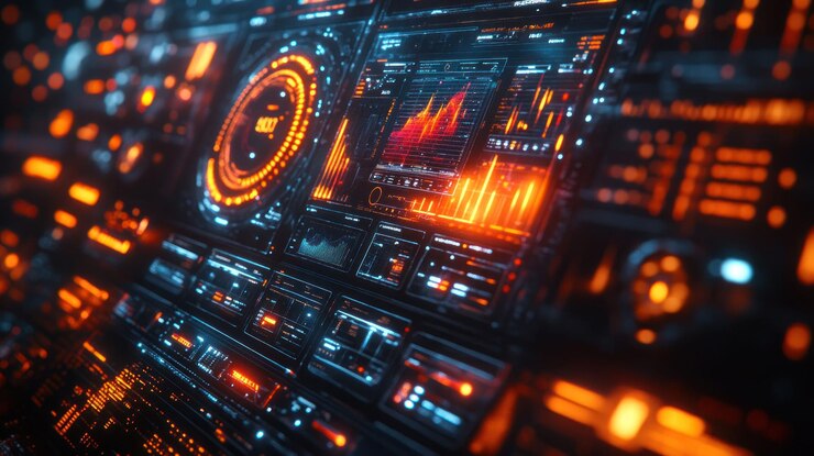PSD futuristic digital interface with glowing orange and blue lights showing data graphs and indicators