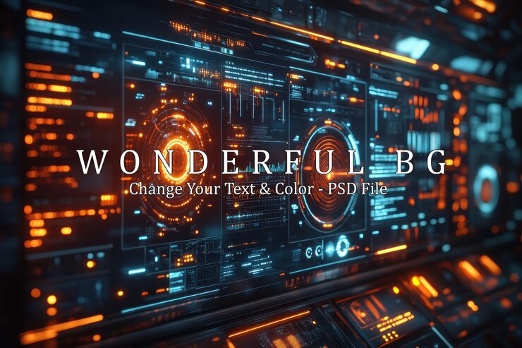 PSD futuristic digital interface with glowing orange and blue lines and circles