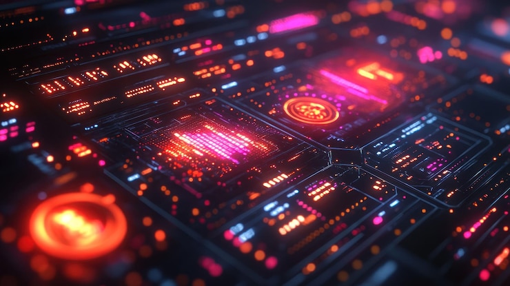 PSD a futuristic digital interface with glowing red and orange lines and numbers