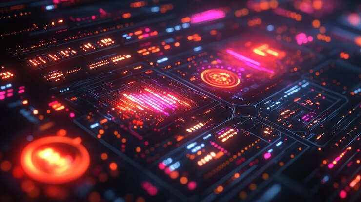 PSD a futuristic digital interface with glowing red and orange lines and numbers