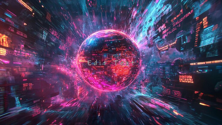 PSD futuristic digital sphere in vibrant neon colors surrounded by fastmoving data streams and abstract structures