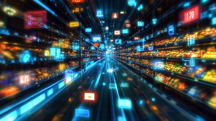 PSD futuristic digital supermarket with fastmoving product icons and data streams