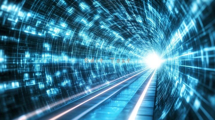 PSD futuristic digital tunnel with glowing data streams and tracks