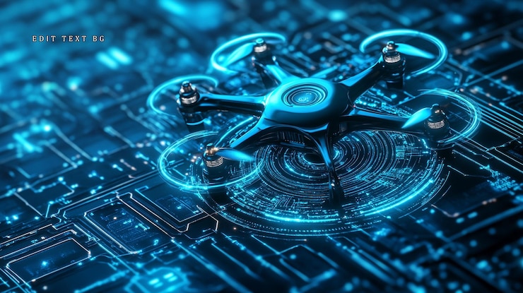 PSD futuristic drone on a circuit board glowing blue