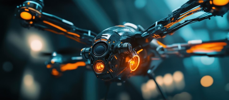 PSD futuristic drone flying over a blurred city
