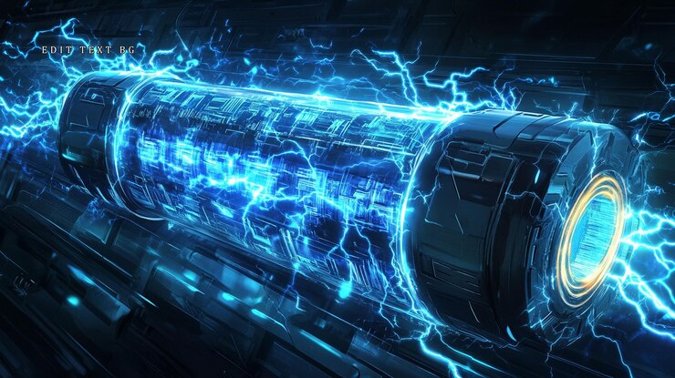 PSD futuristic energy cell glowing blue with electric arcs inside a technological environment