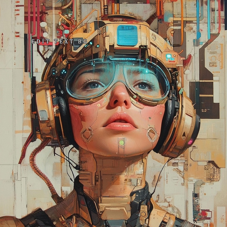 PSD futuristic female cyborg portrait technological headgear serene expression digital art