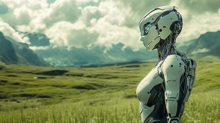PSD a futuristic female robot stands in a serene mountain meadow gazing at the landscape