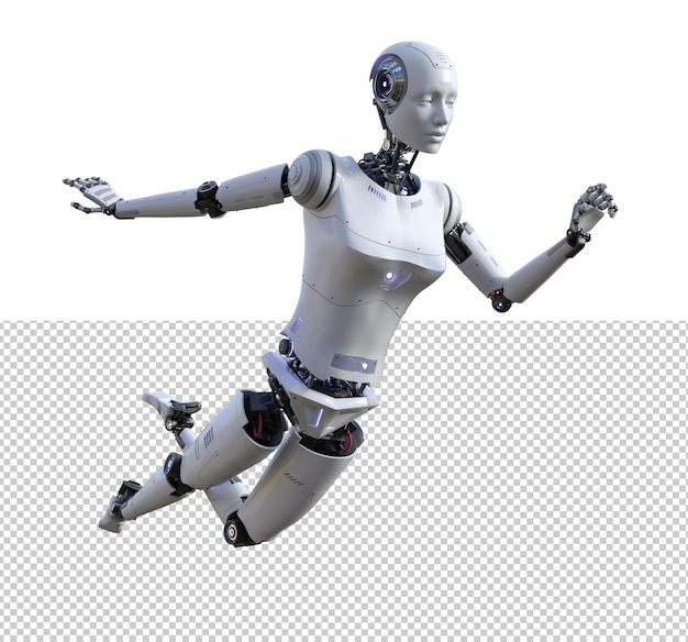 未来の女性ロボット無重力ポーズセット3Dレンダリング